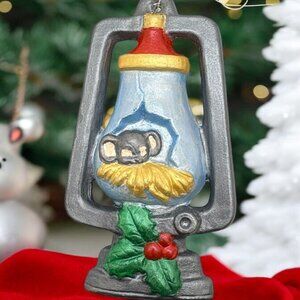 Vintage Christmas Lantern Ornament With Sleeping Mouse & Holly Hand Painted
